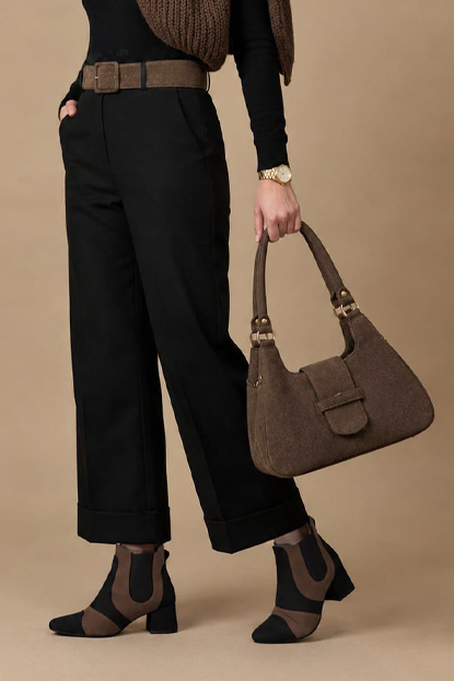 Dress ankle boots side elastics in matt black and chocolate brown leather with low flare heels and round toe - Worn view